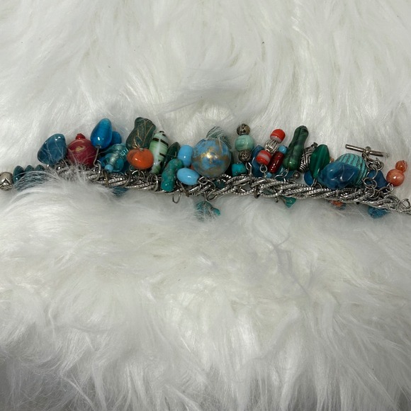 Teal Blue Turquoise Bead Silver‎ Chain Multi Strand Charm Bracelet Women's - Picture 3 of 6